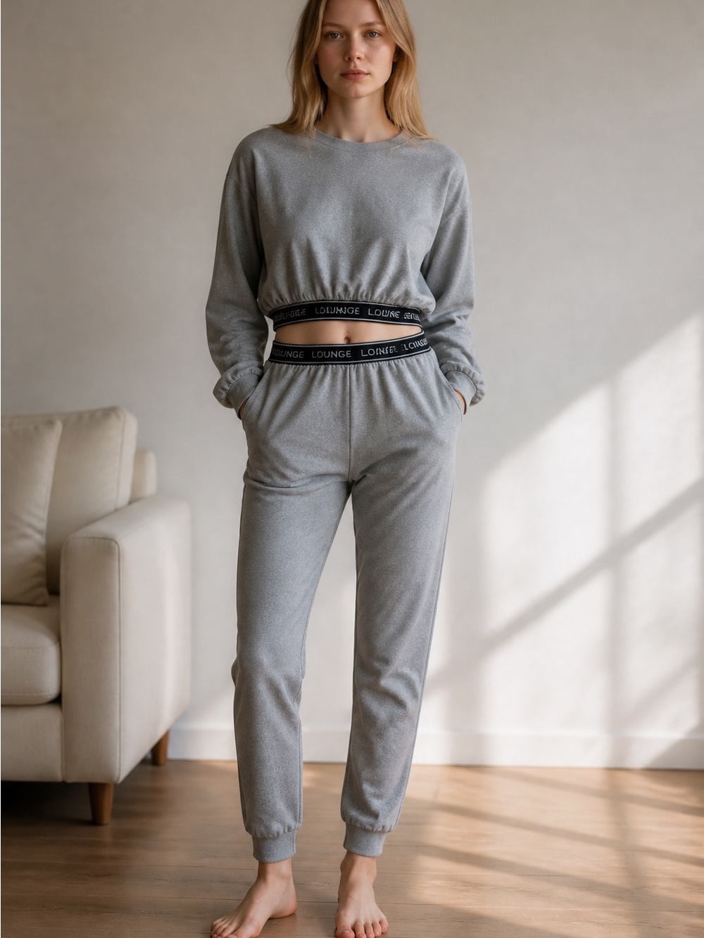 Lounge Ribbed-Waist Grey Jumpsuit